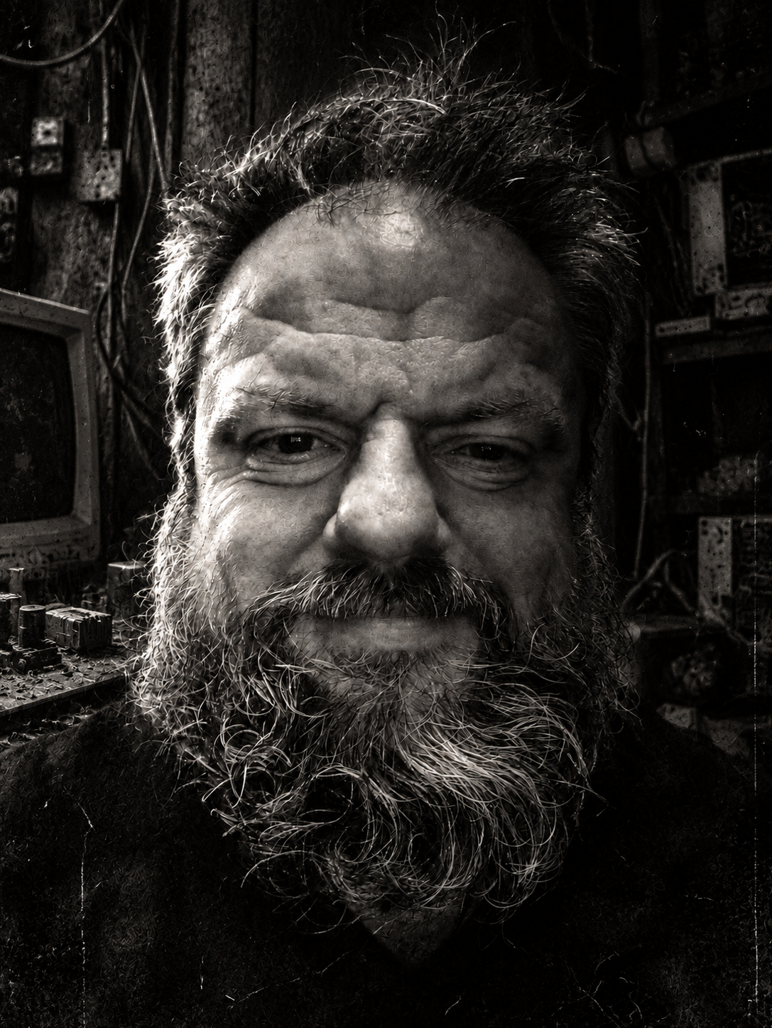 A black-and-white portrait of Marcin Prończuk in a dark workshop with old electronics and wooden boards