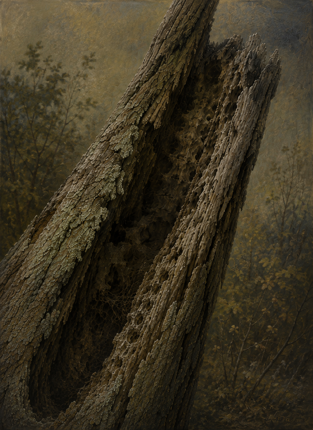 A dark textured tree trunk shaped like an opening body
