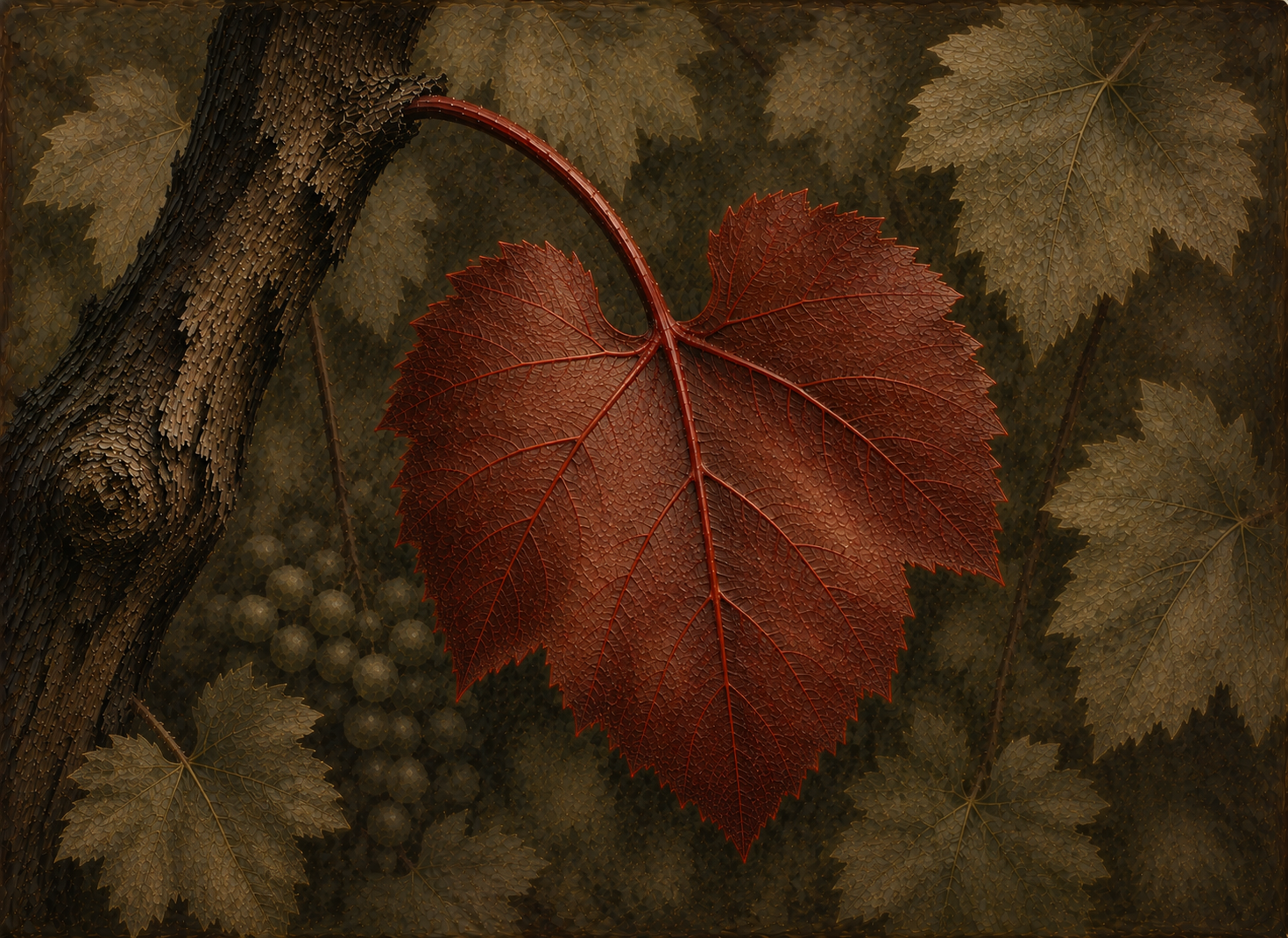 A red grape leaf suspended in a dark vineyard